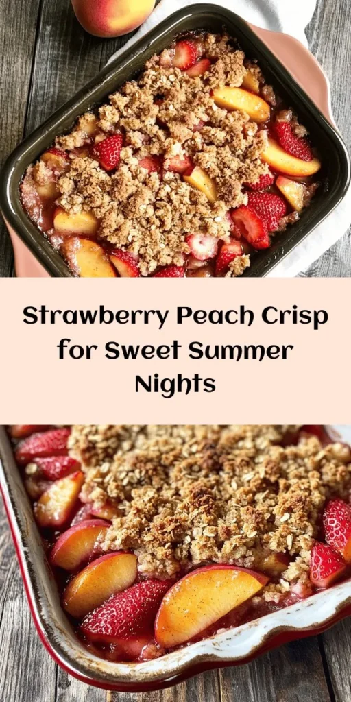 Indulge in the sweet and juicy flavors of summer with this delicious Strawberry Peach Crisp! This easy recipe combines fresh strawberries and peaches with a touch of sugar, lemon, and vanilla for a delightful fruit filling. Topped with a crunchy oat mixture and baked to perfection, it's the ultimate dessert for warm days. Serve it warm with a scoop of vanilla ice cream for an irresistible treat. Perfect for gatherings or a cozy night in!