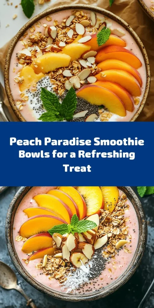 Discover the ultimate summer treat with these Peach Paradise Smoothie Bowls! Bursting with fresh peaches and creamy goodness, this easy recipe combines ripe peaches, frozen banana, and Greek yogurt for a deliciously thick base. Topped with crunchy granola, chia seeds, and almonds, these bowls are as nutritious as they are beautiful. Perfect for breakfast or a refreshing snack, whip them up in just 10 minutes for a delightful taste of paradise! 🍑🥥
