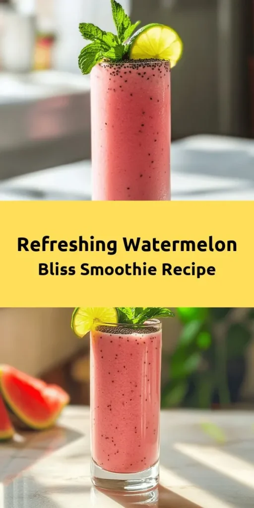 Beat the heat with this refreshing Watermelon Bliss Smoothie! Perfect for a quick snack or breakfast, this smoothie combines juicy diced watermelon, creamy frozen banana, and hydrating coconut water for a deliciously tropical flavor. With a splash of lime juice and optional chia seeds for added nutrition, this treat will leave you feeling revitalized. Top with fresh mint for an extra touch and enjoy this simple recipe in just 10 minutes!