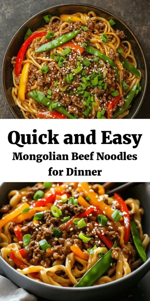 Looking for a quick and delicious dinner idea? Try this stunning Mongolian Ground Beef Noodles recipe! With flavorful ground beef, tender egg noodles, and vibrant vegetables, it’s a complete meal in just 30 minutes. Featuring a savory sauce made with soy sauce, hoisin, and oyster sauce, this dish is sure to impress your family. Garnish with fresh green onions and sesame seeds for an irresistible finish. Perfect for busy weeknights!