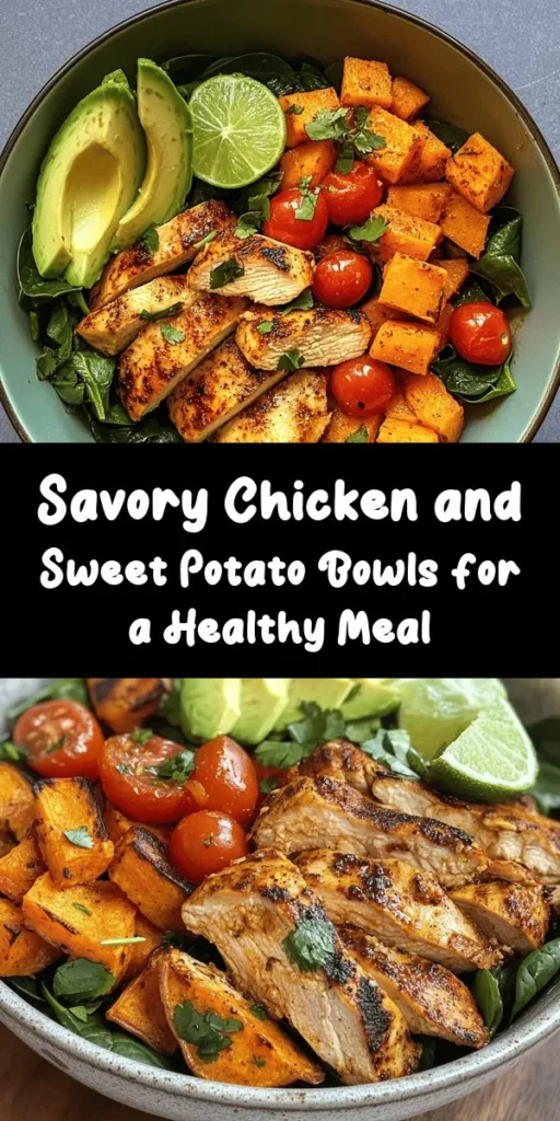 Enjoy a delightful and nutritious meal with these savory Chicken and Sweet Potato Bowls! This easy recipe features tender roasted chicken and caramelized sweet potatoes, seasoned to perfection with paprika and garlic. Serve over fresh sautéed spinach or kale, and top with cherry tomatoes and avocado for a burst of flavor. Perfect for a healthy dinner option, this dish is ready in just 40 minutes. Add a squeeze of lime for an extra zesty kick!