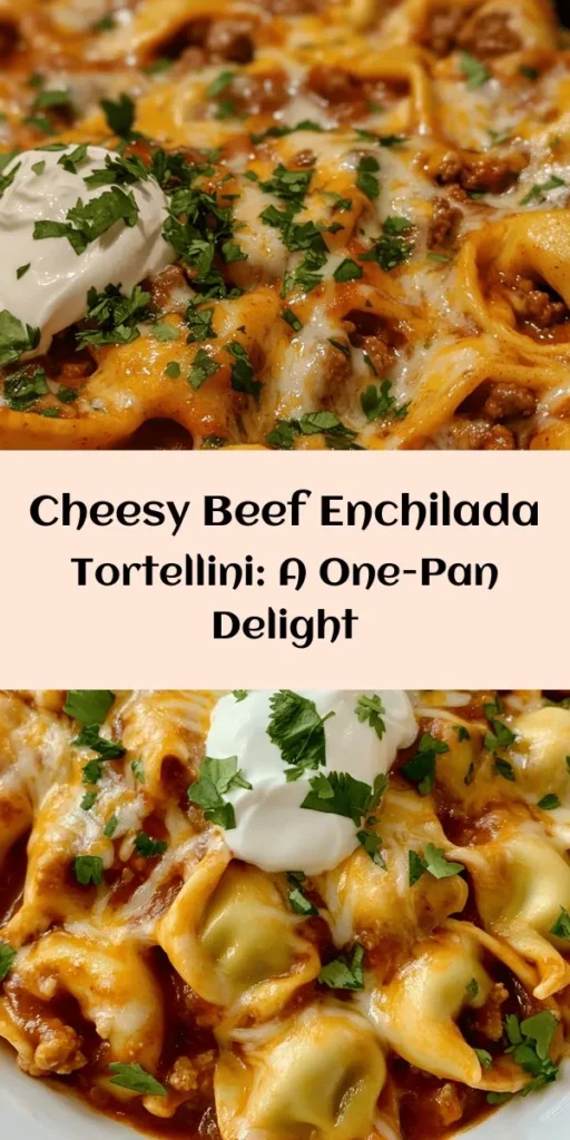 Looking for a quick and delicious weeknight dinner? Try this Cheesy Beef Enchilada Tortellini! With just one pot, you can create a flavorful dish featuring tender cheese tortellini, savory ground beef, zesty enchilada sauce, and a melty cheese topping. This recipe is packed with black beans, corn, and topped with fresh cilantro for an extra burst of flavor. Perfect for a family meal or gathering with friends. Enjoy with a dollop of sour cream!