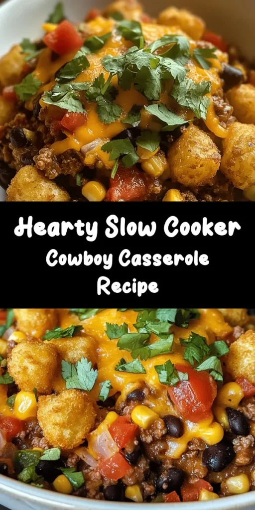 Whip up an easy and hearty dinner with this Slow Cooker Cowboy Casserole! Perfect for busy days, this dish combines ground beef or turkey, black beans, corn, and a delicious mix of spices. Topped with crispy tater tots and gooey cheddar cheese, it’s a comforting meal that the whole family will love. Just toss everything in your slow cooker and let it do the work while you relax. Serve it up and enjoy a taste of the Wild West!