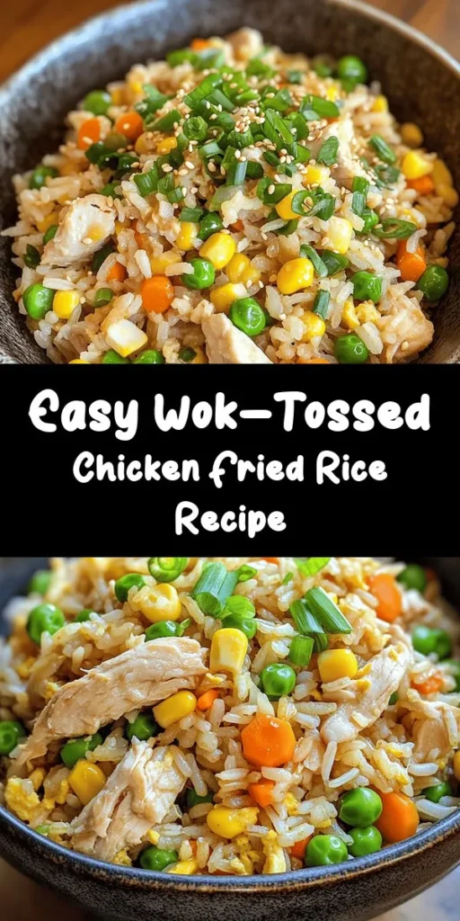 Elevate your dinner game with this delicious Wok-Tossed Chinese Chicken Fried Rice! Perfect for using up day-old jasmine rice, this quick recipe features tender diced chicken, scrambled eggs, and vibrant mixed vegetables all tossed together with savory soy and oyster sauce. Ready in just 30 minutes, it's an ideal weeknight meal. Garnish with green onions and sesame oil for an extra flavor boost. Your family will adore this homemade takeout favorite!