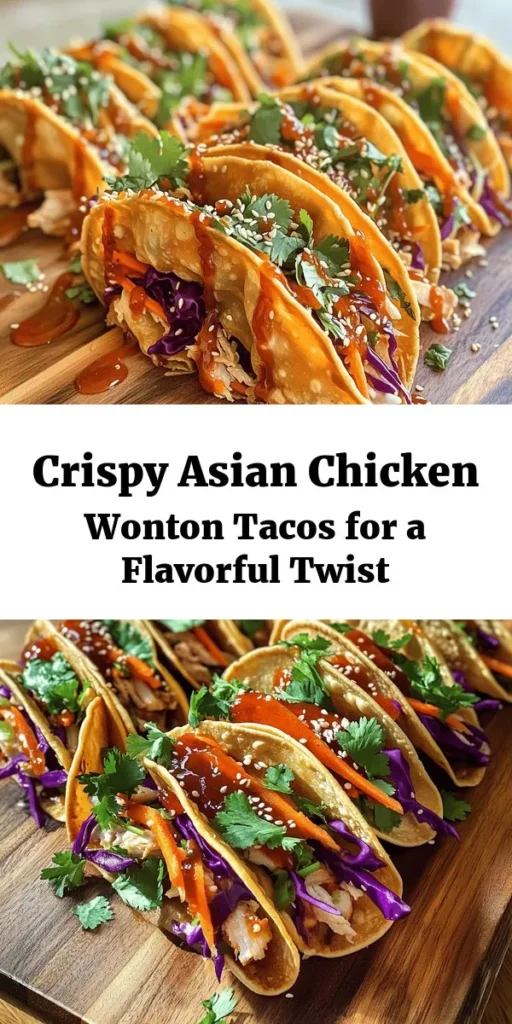 Get ready to elevate your taco night with these Asian Chicken Wonton Tacos! Made with juicy ground chicken, savory soy sauce, and aromatic garlic and ginger, these crispy wonton wrappers are filled with a delightful mixture of cabbage, carrots, and green onions. Simply fry them until golden, then top with fresh cilantro and a drizzle of sriracha or sweet chili sauce. Perfect as a tasty appetizer or a fun snack, these wonton tacos are sure to impress!