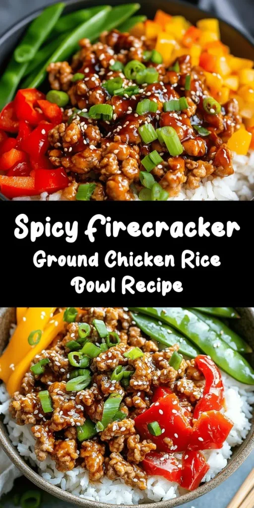Spice up your dinner routine with this Firecracker Ground Chicken Bowl! Quick to prepare in just 20 minutes, this flavorful dish features tender ground chicken cooked in a zesty sauce made with soy sauce, sriracha, honey, and fresh ginger. Toss in vibrant bell peppers and snap peas for extra crunch, and serve it all over a bed of rice. Perfect for busy weeknights, this meal is sure to impress! Don't forget to garnish with green onions and sesame seeds for the ultimate finish!