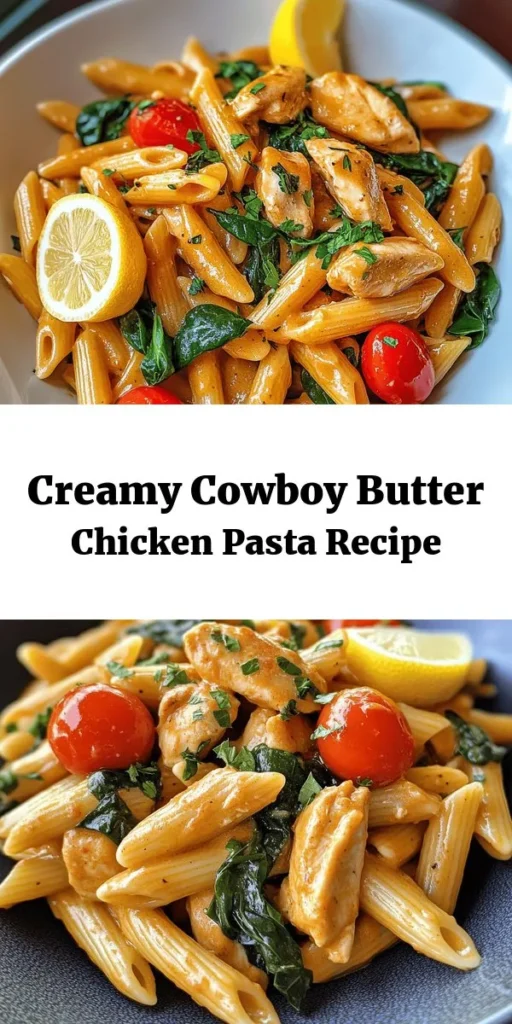Whip up a deliciously creamy Cowboy Butter Chicken Pasta in just 30 minutes! This easy recipe features tender chicken thighs sautéed to perfection and combined with penne pasta, fresh spinach, cherry tomatoes, and a rich butter sauce infused with garlic and spices. Finished with grated Parmesan and a squeeze of lemon for brightness, it's the perfect weeknight dinner that everyone will love. Try it tonight for a taste of the Wild West in your kitchen!