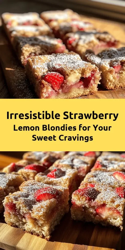Indulge in the delightfully sweet and tangy flavors of these Strawberry Lemon Blondies! With a buttery base packed with fresh strawberries and a hint of lemon, this treat is perfect for any occasion. Easy to make in just 45 minutes, these blondies are sure to impress. Enjoy them warm or at room temperature, and don't forget to share with friends and family! Perfect for dessert or a sweet snack, these blondies will quickly become a favorite.