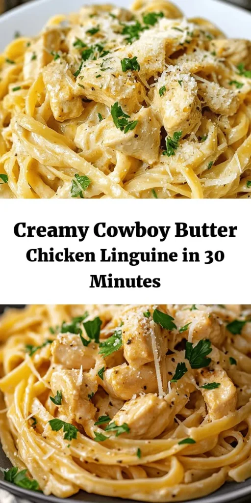 Whip up a delightful dinner with this Easy Cowboy Butter Chicken Linguine! Tender chicken thighs are sautéed with garlic and spices, then tossed with linguine in a creamy, flavorful sauce. Finished with fresh parsley and lemon juice, this dish is the perfect mix of comfort and flavor. Ideal for busy weeknights, it's quick to prepare and sure to impress. Serve it with grated parmesan for an extra touch. Try it tonight and enjoy a taste of the wild west!