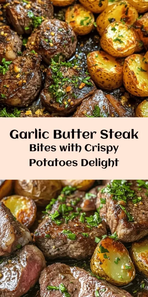 Indulge in these Sizzling Garlic Butter Steak Bites & Crispy Potatoes for a mouthwatering meal! With tender sirloin steak seared to perfection and tossed in garlic butter, paired with golden roasted baby potatoes, this dish is a flavor explosion. Perfect for any occasion, it's easy to whip up in just 45 minutes. Don't forget to garnish with fresh parsley for that vibrant finish. Your family will want seconds!