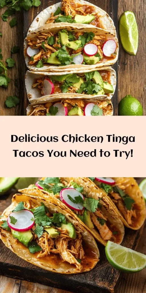 Get ready to spice up your taco night with these delicious Chicken Tinga Tacos! Made with tender, shredded chicken thighs simmered in a flavorful blend of chipotle peppers, tomatoes, and spices, these tacos are a perfect mix of smoky and savory. Serve them in warm tortillas topped with fresh cilantro, radishes, and creamy avocado for an irresistible meal. Easy to prepare and full of flavor, these tacos are sure to impress your family and friends!