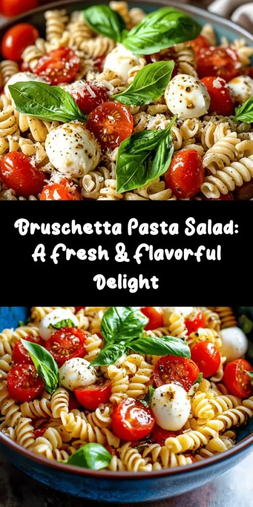 Looking for a refreshing and vibrant dish? Try this Delicious Bruschetta Pasta Salad! With rotini or fusilli pasta tossed with juicy cherry tomatoes, creamy mozzarella, and fresh basil, it's a perfect side or main dish. Drizzle with a homemade balsamic and garlic dressing for an extra burst of flavor. This salad is quick to prepare, needing just 15 minutes of prep and is best served chilled. Perfect for gatherings or a light lunch! 🍅🍝