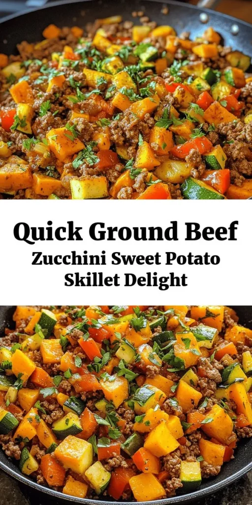 Create a delicious and healthy meal with this Savory Ground Beef Zucchini Sweet Potato Skillet! In just 30 minutes, you can enjoy a hearty dish packed with lean protein, vibrant veggies, and wholesome sweet potatoes. Sauté ground beef with zucchini, sweet potatoes, bell peppers, and spices for a satisfying one-pan dinner that's perfect for busy weeknights. Garnish with fresh herbs for an extra pop of flavor. It's a simple, nutritious recipe you’ll love!