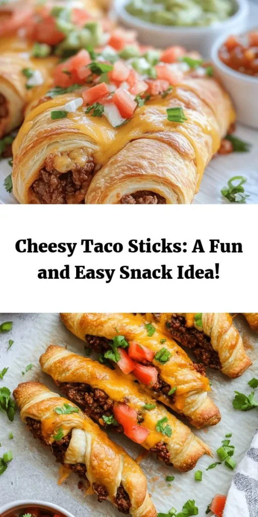 Get ready to spice up your snack time with these delicious Cheesy Taco Sticks! Made with crescent roll dough, seasoned ground beef, and a blend of cheddar and mozzarella, these easy-to-prepare treats are perfect for any occasion. Bake until golden brown and serve with your favorite salsa, sour cream, or guacamole for an irresistible dipping experience. Quick to make and packed with flavor, they’re sure to be a hit with family and friends!