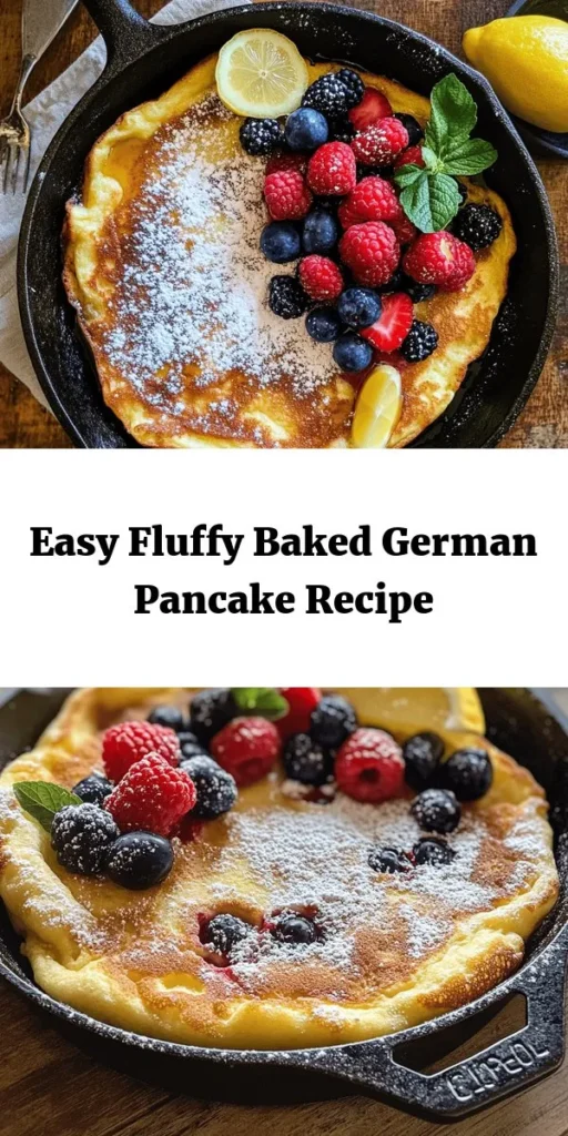 Indulge in the delight of a Fluffy Baked German Pancake! This simple yet impressive dish combines flour, milk, eggs, and sweet vanilla, creating a light, airy treat perfect for breakfast or brunch. Just melt some butter, whisk the ingredients, and let the oven do the work! Serve it warm, dust with powdered sugar, and add your favorite toppings like fresh fruits or syrup for a delicious finish. Your family will love this easy, satisfying recipe!