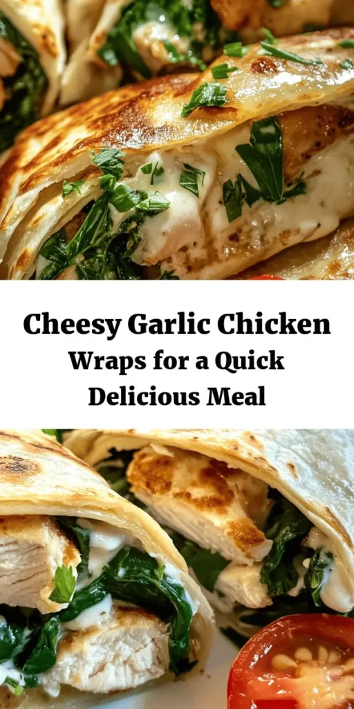 Try these delicious Cheesy Garlic Chicken Wraps for a quick and satisfying meal! Juicy marinated chicken combines with gooey mozzarella, fresh spinach, and cherry tomatoes all wrapped in a warm tortilla. Drizzle with ranch or garlic sauce for extra flavor. Perfect for lunch or dinner, this recipe takes just 40 minutes to prepare and will leave everyone asking for seconds. Enjoy a cheesy, savory delight your family will love!