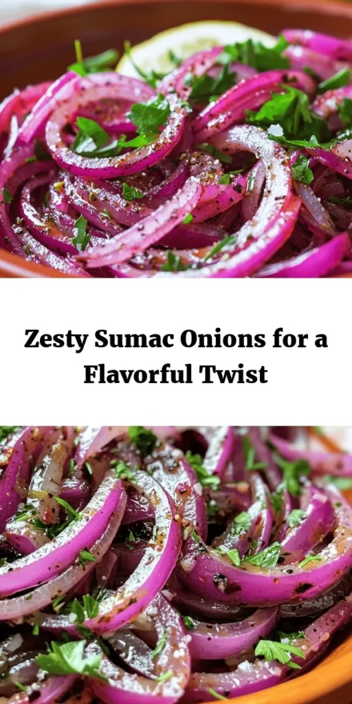 Elevate your meals with these zesty sumac onions! This vibrant dish combines thinly sliced red onions with the tangy flavor of sumac, complemented by olive oil, fresh lemon juice, and a sprinkle of salt and pepper. Perfect as a topping for grilled meats, inside pita sandwiches, or as part of a mezze platter. With just 10 minutes of prep and a 15-minute marinating time, you'll have a fresh, flavorful addition to any meal. Garnish with parsley for a burst of color!