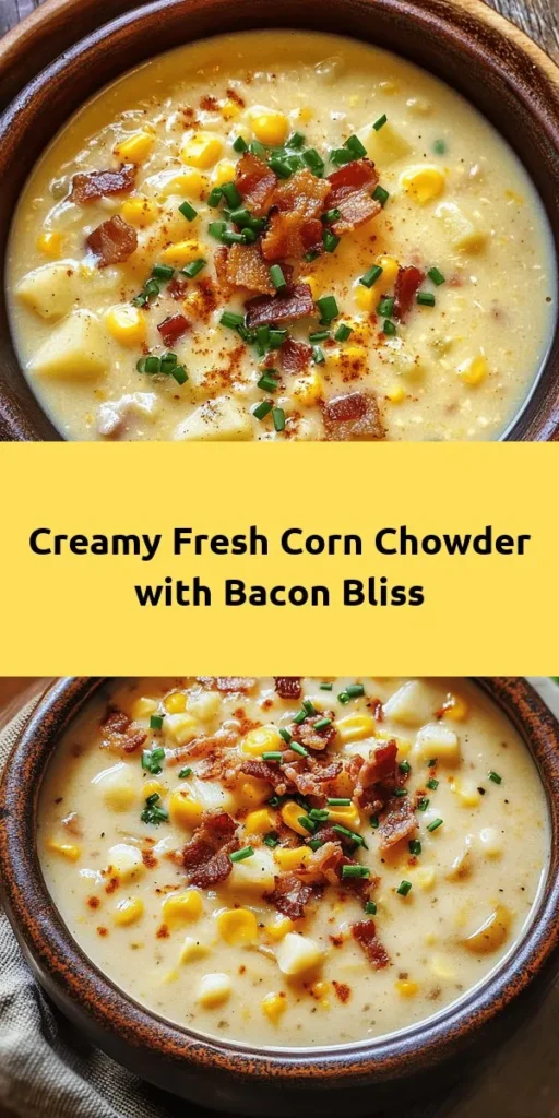 Dive into the rich and creamy goodness of Fresh Corn Chowder Delight! This comforting soup features sweet corn, crispy bacon, and tender potatoes simmered to perfection, all wrapped up in a luscious broth. Perfect for chilly days, it’s easy to make with fresh ingredients and can be customized to your liking! Finish it off with a sprinkle of fresh herbs and a hint of spice for an extra kick. Gather your favorite ingredients and enjoy a bowl of warmth today!