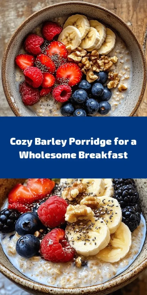 Start your day with this warm and wholesome barley porridge! This comforting bowl features pearl barley cooked to perfection in water or veggie broth, blended with almond milk, maple syrup, and a hint of cinnamon. Customize it with your favorite toppings like fresh fruits, nuts, and chia seeds for added crunch and nutrition. It's easy to make, perfect for breakfast or a cozy brunch, and sure to keep you satisfied throughout the morning!