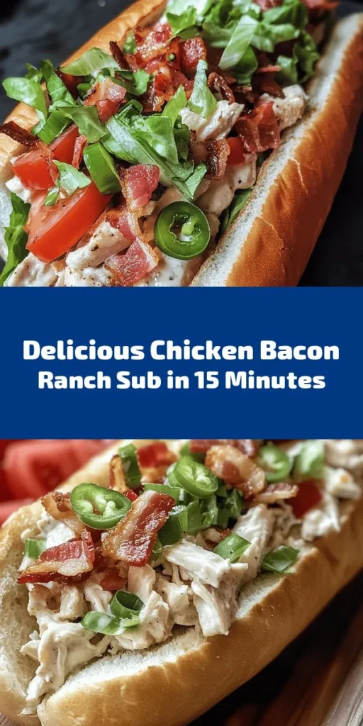 Indulge in the deliciousness of a Chopped Chicken Bacon Ranch Sub! This flavorful sandwich combines tender chicken, crispy bacon, and creamy ranch dressing, all topped with sharp cheddar and fresh veggies. Perfect for a quick meal or a tasty lunch, this recipe is easy to whip up in just 15 minutes. Customize with jalapeños for an extra kick! Enjoy it fresh or wrap it up for a grab-and-go treat. Your taste buds will thank you!