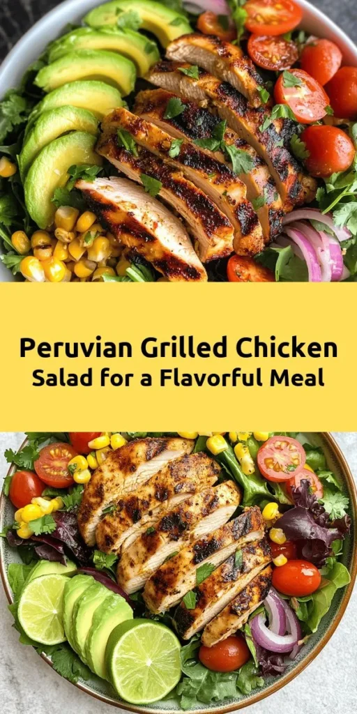 Enjoy a taste of Peru with this vibrant Grilled Chicken Salad! Juicy chicken breasts are marinated in a zesty blend of olive oil, soy sauce, lime juice, and spices, then grilled to perfection. Nestled on a fresh bed of mixed greens, cherry tomatoes, avocado, and corn, this salad is both healthy and satisfying. It's perfect for lunch or dinner and can be served chilled or at room temperature. Give it a try for a delicious meal that’s quick to prepare!