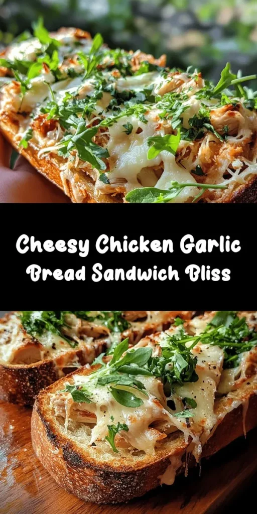 This Cheesy Chicken Garlic Bread Sandwich is the ultimate comfort food! Packed with seasoned, shredded chicken, gooey mozzarella, and fresh parsley, all melted to perfection on crusty garlic bread, it’s an explosion of flavors you won't want to miss. With a quick prep time of just 15 minutes and baked to cheesy perfection in under 30, it's perfect for a speedy weeknight dinner or a crowd-pleasing lunch. Top with fresh arugula for a delightful crunch!