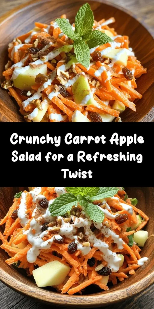 Discover the perfect blend of crunch and sweetness with this Crunchy Carrot Apple Salad! Made with grated carrots, tart apples, and a mix of raisins or dried cranberries, this salad bursts with flavor. Tossed in a creamy yogurt dressing with honey or maple syrup, lemon juice, and a hint of cinnamon, it’s a refreshing side dish or light meal. Chill, serve, and enjoy this vibrant salad garnished with fresh mint! Quick, easy, and oh-so-delicious!