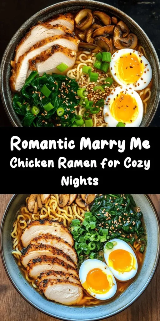 Indulge in the comforting flavors of Marry Me Chicken Ramen! Perfect for a cozy night in, this dish features tender chicken, shiitake mushrooms, fresh baby spinach, and rich broth. With a mix of savory seasonings and optional soft-boiled eggs on top, it's a meal that’s sure to impress. Ready in just 30 minutes, you'll want to make this delicious recipe again and again! Enjoy a bowl full of love and warmth tonight.