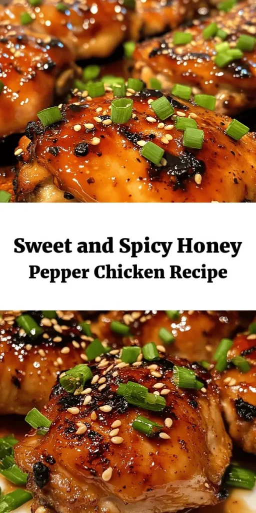 Looking for a flavorful dinner idea? Try this Sweet & Spicy Honey Pepper Chicken! With tender chicken thighs marinated in a delicious blend of honey, soy sauce, sriracha, and spices, this dish is sure to wow your taste buds. Grill or sauté for that perfect char, and don’t forget the sticky glaze for extra sweetness. Serve it garnished with green onions and sesame seeds for a beautiful presentation. Perfect for any night of the week!