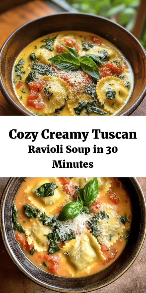 Cozy up with this creamy Tuscan ravioli soup, a delicious bowl of comfort that's easy to make! Start with sautéed onion and garlic, then bring it all together with vegetable broth, diced tomatoes, and rich heavy cream. In just 30 minutes, you’ll have tender cheese ravioli and fresh spinach floating in a flavorful broth, garnished with Parmesan and basil. Perfect for a quick weeknight dinner or a comforting lunch! Try it today!