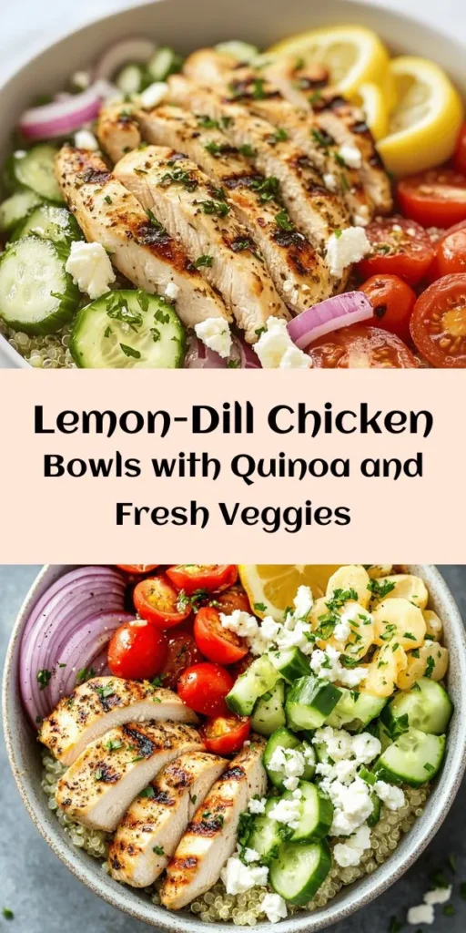 Brighten your dinner table with these Mediterranean-Inspired Lemon-Dill Chicken Bowls! Juicy marinated chicken breast is grilled to perfection and served over a flavorful bed of quinoa or couscous. Topped with fresh cherry tomatoes, cucumber, and crumbled feta, this dish bursts with vibrant flavors. Easy to prepare and perfect for meal prep, it’s a healthy option the whole family will love. Add a sprinkle of fresh parsley and extra lemon for a refreshing touch!