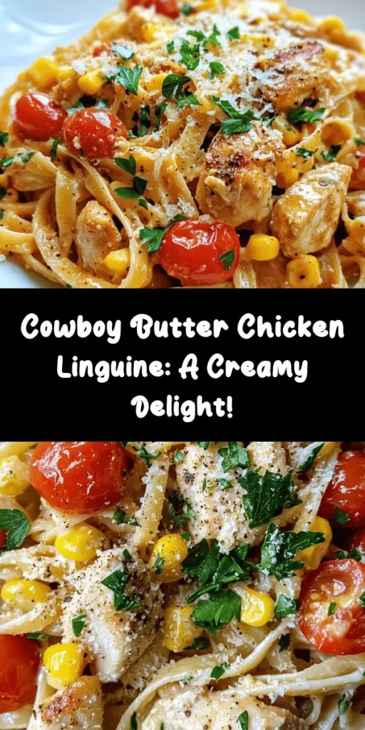 Savor the delicious flavors of Easy Cowboy Butter Chicken Linguine! This creamy pasta dish features tender chicken thighs, fresh cherry tomatoes, and sweet corn, all tossed in a rich Parmesan sauce. Perfect for a weeknight dinner, this quick 30-minute recipe is sure to please the whole family. With just a few simple ingredients and easy steps, you’ll have a satisfying meal ready in no time. Don’t forget the fresh parsley and a squeeze of lemon for that extra zing!