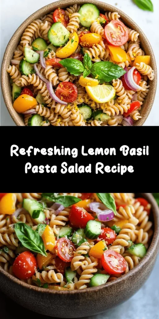 Brighten up your meal with this refreshing Lemon Basil Pasta Salad! Made with whole wheat pasta, juicy cherry tomatoes, crisp cucumbers, and sweet bell peppers, it's a deliciously wholesome dish. The zesty dressing of lemon juice, olive oil, and garlic powder brings everything together, while fresh basil adds a fragrant touch. Enjoy this vibrant salad as a side or a light main, perfect for picnics and gatherings. Easy to prepare and even better chilled!