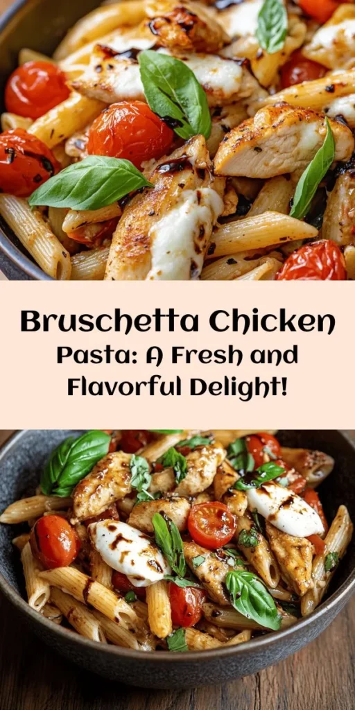 Indulge in a delightful twist on classic flavors with this Bruschetta Chicken Pasta! This easy recipe combines juicy chicken breasts, al dente penne pasta, and a fresh bruschetta topping made from cherry tomatoes, garlic, and basil. Drizzled with balsamic vinegar and topped with melted mozzarella, it’s a perfect weeknight meal that comes together in just 30 minutes. Ideal for family dinners or gathering with friends, this dish is sure to impress!