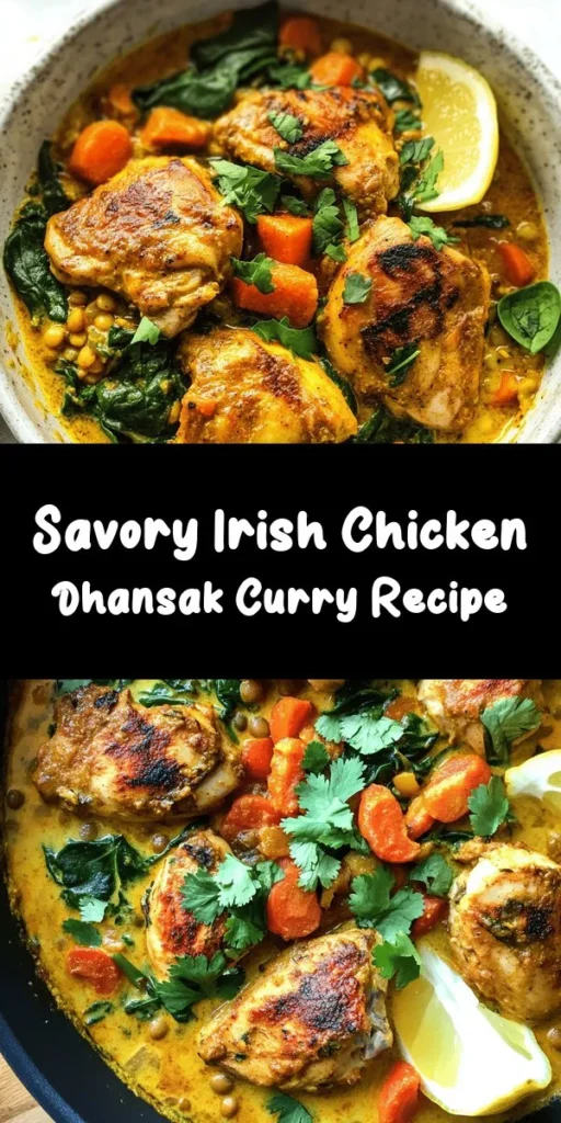Discover a comforting twist on a classic with this Hearty Irish Chicken Dhansak Curry! Packed with tender chicken thighs, vibrant spices, and nutritious lentils, this dish is perfect for a cozy dinner. Simmered in rich coconut milk and bursting with veggies like carrots and spinach, it's both satisfying and wholesome. Serve it with fresh cilantro and lemon wedges for an extra burst of flavor. Ideal for family meals or special occasions! Enjoy the flavors of Ireland with this delicious curry.