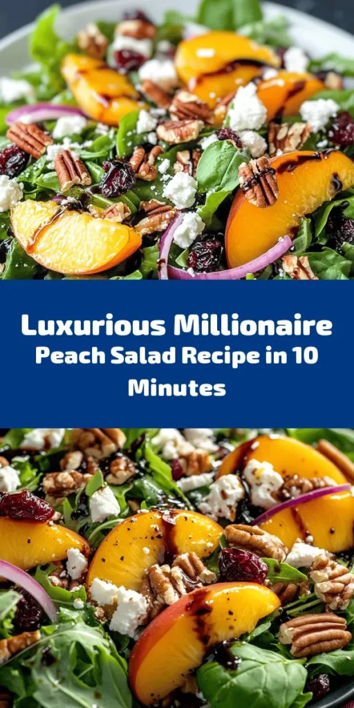 Indulge in the luxurious flavors of this Millionaire Peach Salad, perfect for a refreshing summer meal! Fresh ripe peaches combine with a hearty mix of greens, crumbled feta, and crunchy pecans for an irresistible dish. Topped with dried cranberries and a drizzle of balsamic glaze, this salad is both sweet and savory. Ready in just 10 minutes, it’s ideal for impressing guests or enjoying a special treat at home. Try it today and elevate your salad game!