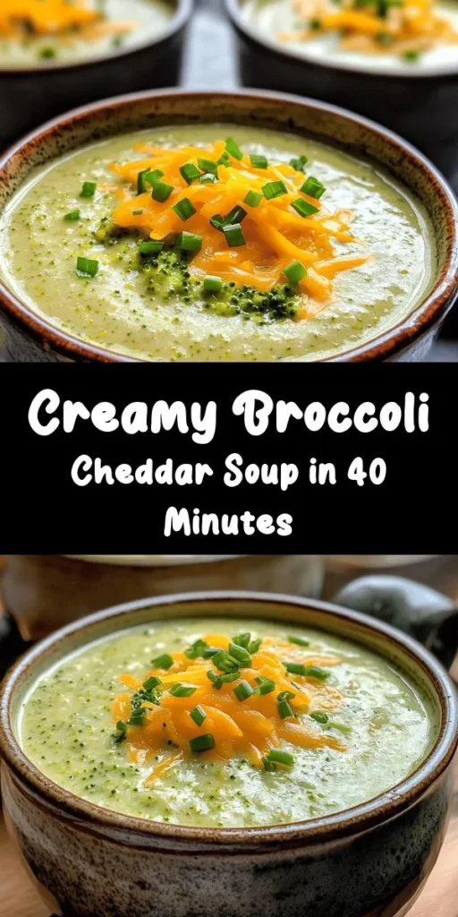 Indulge in a comforting bowl of Creamy Broccoli Cheddar Delight! This luscious soup features fresh broccoli, sharp cheddar cheese, and a hint of nutmeg, creating a delightful harmony of flavors. Perfect for cozy nights, it's simple to make with sautéed veggies, vegetable broth, and a rich blend of cream and cheese. Ready in just 40 minutes, this recipe serves 4-6 and is sure to please the whole family. Don’t forget to garnish with fresh chives or croutons for that extra crunch!